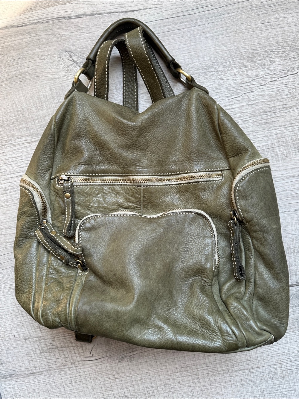 Olive Green Leather Convertible Backpack Tote